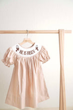Load image into Gallery viewer, Khaki he is risen hand-smocked girl dress
