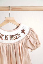 Load image into Gallery viewer, Khaki he is risen hand-smocked girl dress
