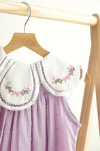 Load image into Gallery viewer, Lavender floral bow embroidery swiss dot girl dress
