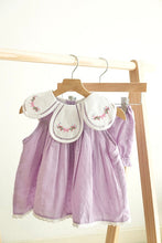 Load image into Gallery viewer, Lavender floral bow embroidery swiss dot girl bloomer set
