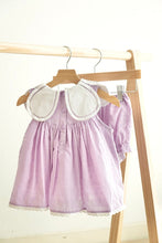 Load image into Gallery viewer, Lavender floral bow embroidery swiss dot girl bloomer set
