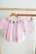 Load image into Gallery viewer, Pink christmas tree hand smocked bloomer set
