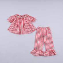 Load image into Gallery viewer, Red christmas santa claus hand smocked plaid ruffle pants set
