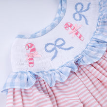 Load image into Gallery viewer, Pink candy cane bow hand smocked ruffle dress
