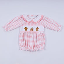 Load image into Gallery viewer, Pink gingerbread hand smocked gingham ruffle bubble
