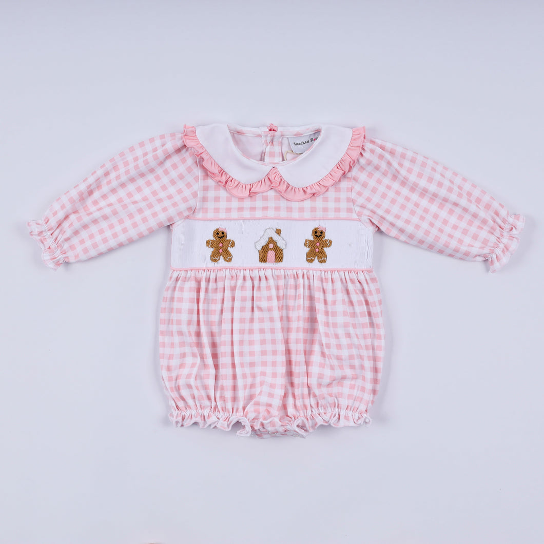 Pink gingerbread hand smocked gingham ruffle bubble