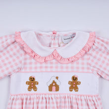 Load image into Gallery viewer, Pink gingerbread hand smocked gingham ruffle bubble
