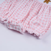 Load image into Gallery viewer, Pink gingerbread hand smocked gingham ruffle bubble

