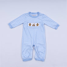 Load image into Gallery viewer, Blue gingerbread hand smocked gingham romper
