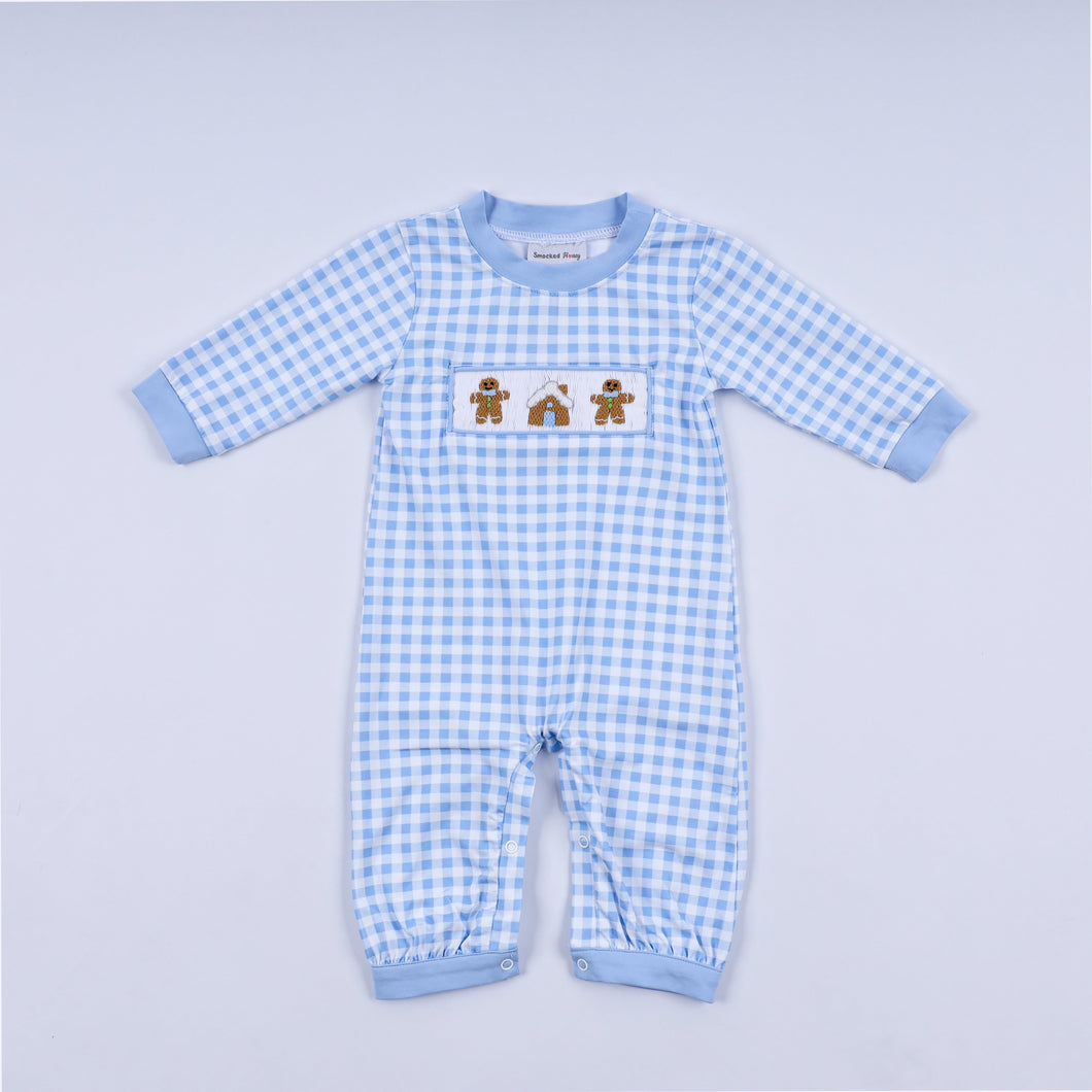 Blue gingerbread hand smocked gingham romper