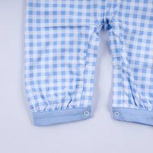 Load image into Gallery viewer, Blue gingerbread hand smocked gingham romper
