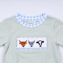 Load image into Gallery viewer, Sage cow hand smocked bubble
