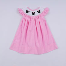 Load image into Gallery viewer, Pink character hand smocked dot ruffle dress
