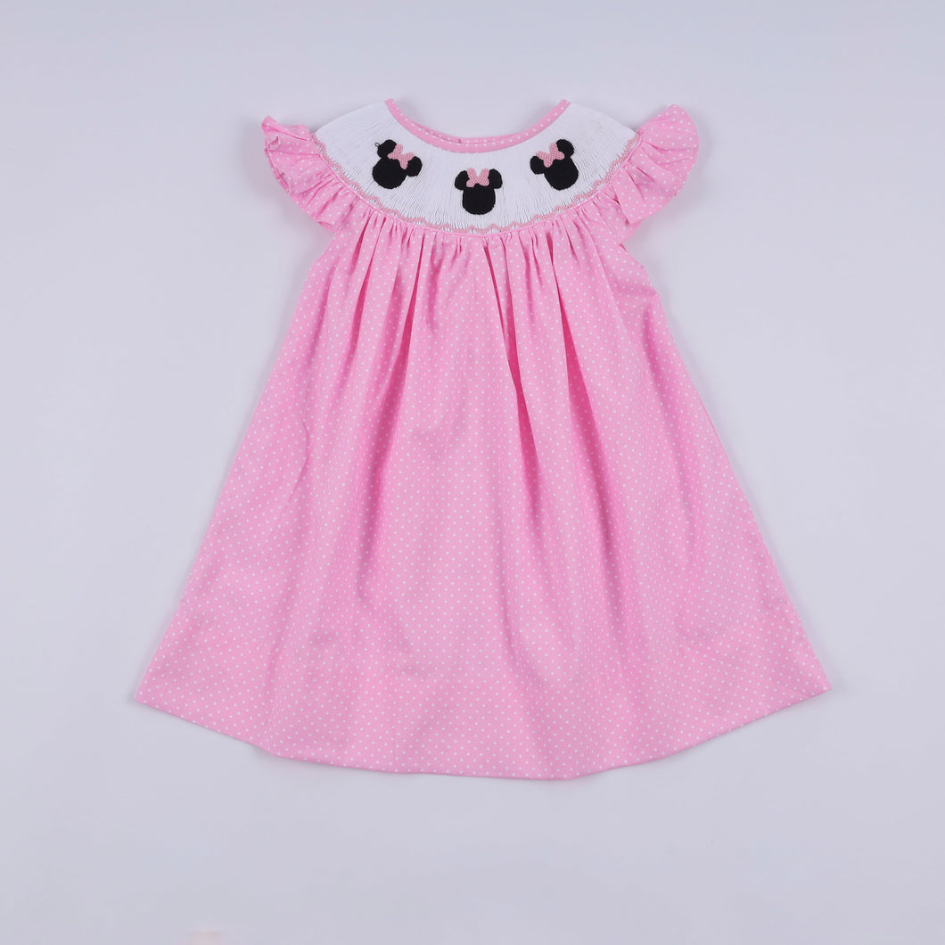 Pink character hand smocked dot ruffle dress