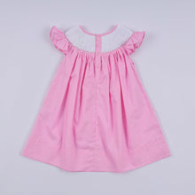 Load image into Gallery viewer, Pink character hand smocked dot ruffle dress
