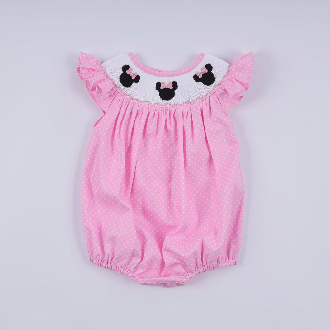 Pink character hand smocked dot ruffle bubble