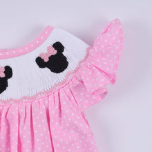 Load image into Gallery viewer, Pink character hand smocked dot ruffle bubble
