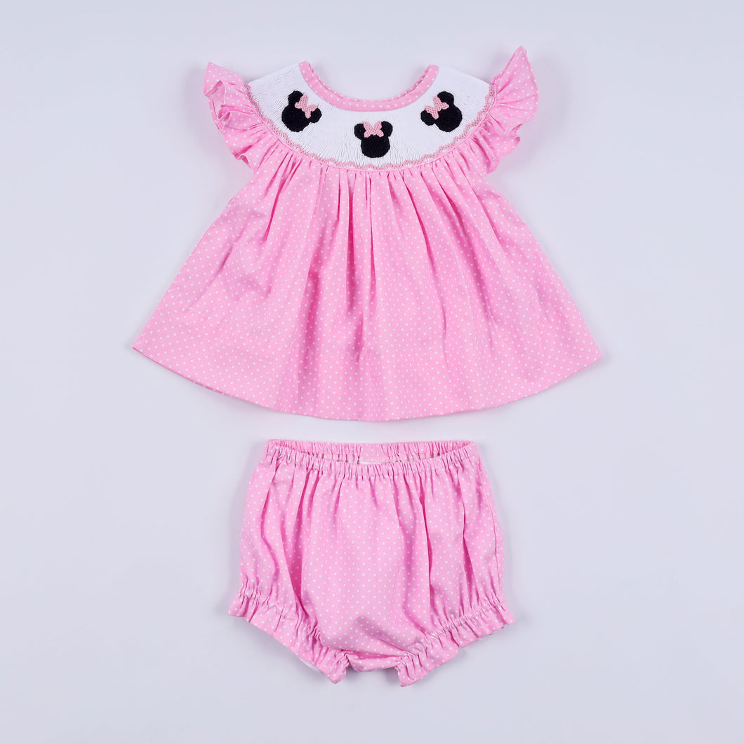 Pink character hand smocked dot ruffle bloomer set