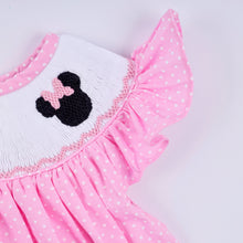 Load image into Gallery viewer, Pink character hand smocked dot ruffle bloomer set
