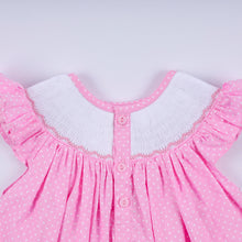 Load image into Gallery viewer, Pink character hand smocked dot ruffle bloomer set

