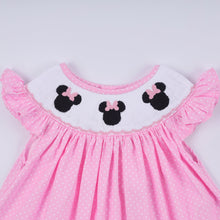 Load image into Gallery viewer, Pink character hand smocked dot ruffle pants set
