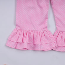 Load image into Gallery viewer, Pink character hand smocked dot ruffle pants set
