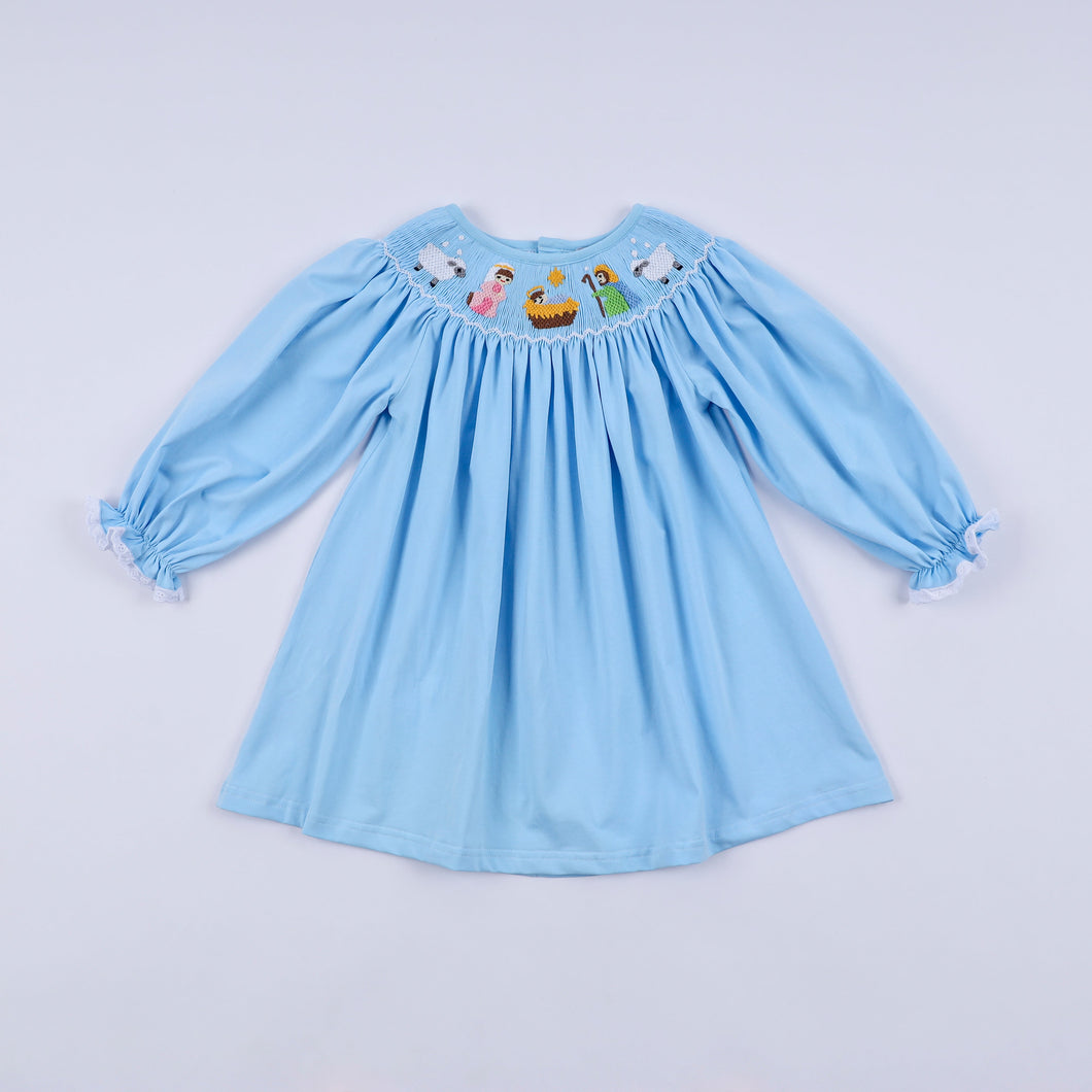 Blue nativity hand smocked dress