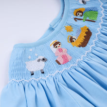Load image into Gallery viewer, Blue nativity hand smocked dress
