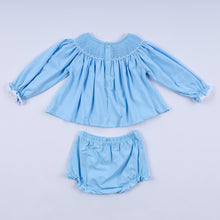 Load image into Gallery viewer, Blue nativity hand smocked bloomer set
