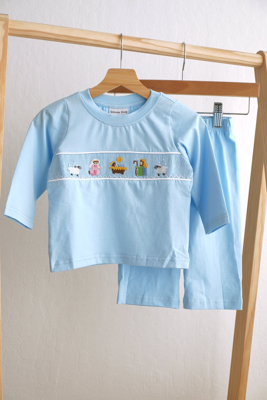 Blue nativity hand smocked pants set