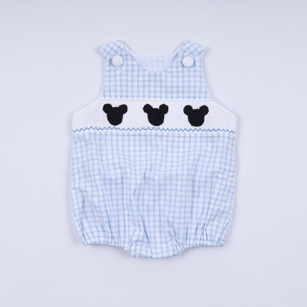 Blue character hand smocked gingham bubble