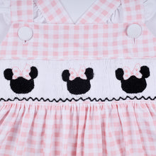 Load image into Gallery viewer, Pink character hand smocked gingham ruffle dress
