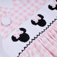 Load image into Gallery viewer, Pink character hand smocked gingham ruffle bubble
