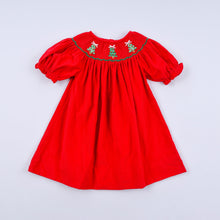 Load image into Gallery viewer, Red christmas tree hand smocked dress

