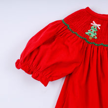 Load image into Gallery viewer, Red christmas tree hand smocked dress
