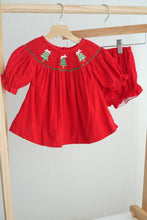 Load image into Gallery viewer, Red christmas tree hand smocked bloomer set
