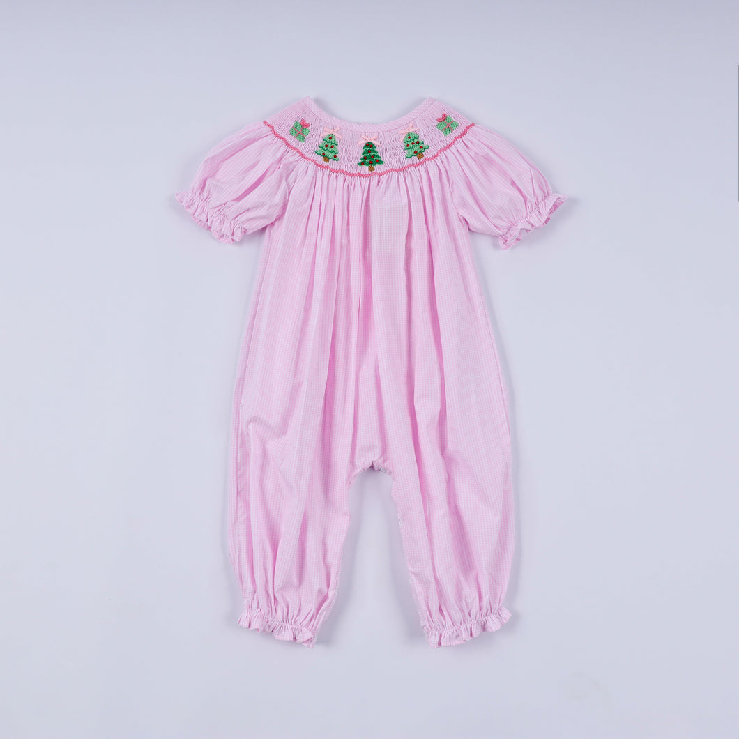 Pink christmas tree hand smocked ruffle romper