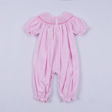 Load image into Gallery viewer, Pink christmas tree hand smocked ruffle romper
