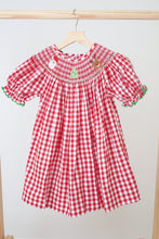 Load image into Gallery viewer, Red christmas santa tree reindeer hand smocked gingham dress
