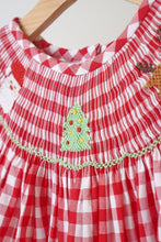 Load image into Gallery viewer, Red christmas santa tree reindeer hand smocked gingham dress
