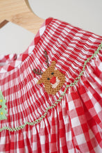 Load image into Gallery viewer, Red christmas santa tree reindeer hand smocked gingham dress
