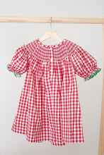 Load image into Gallery viewer, Red christmas santa tree reindeer hand smocked gingham dress
