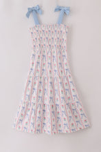 Load image into Gallery viewer, Blue floral bow print smocked mom dress
