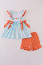 Load image into Gallery viewer, Blue dinosaur embroidery gingham ruffle shorts set
