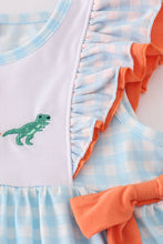 Load image into Gallery viewer, Blue dinosaur embroidery gingham ruffle shorts set
