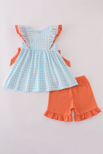 Load image into Gallery viewer, Blue dinosaur embroidery gingham ruffle shorts set

