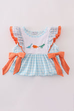 Load image into Gallery viewer, Blue dinosaur embroidery gingham ruffle shorts set
