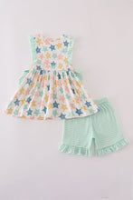 Load image into Gallery viewer, Blue seashell bow ruffle shorts set
