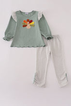 Load image into Gallery viewer, Sage turkey french knot ruffle pants set
