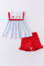 Load image into Gallery viewer, Blue plaid baseball embroidery girl set
